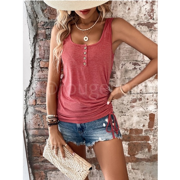 Rusty Rose Tank Top Button Front One Side Drawstring - Picture 6 of 17